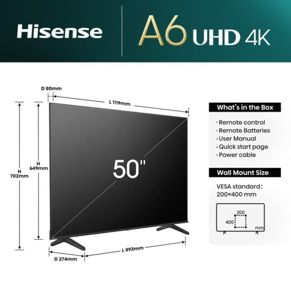 Hisense 50" A6N 4K Smart UHD TV with HDR & Dolby Vision - Image 2